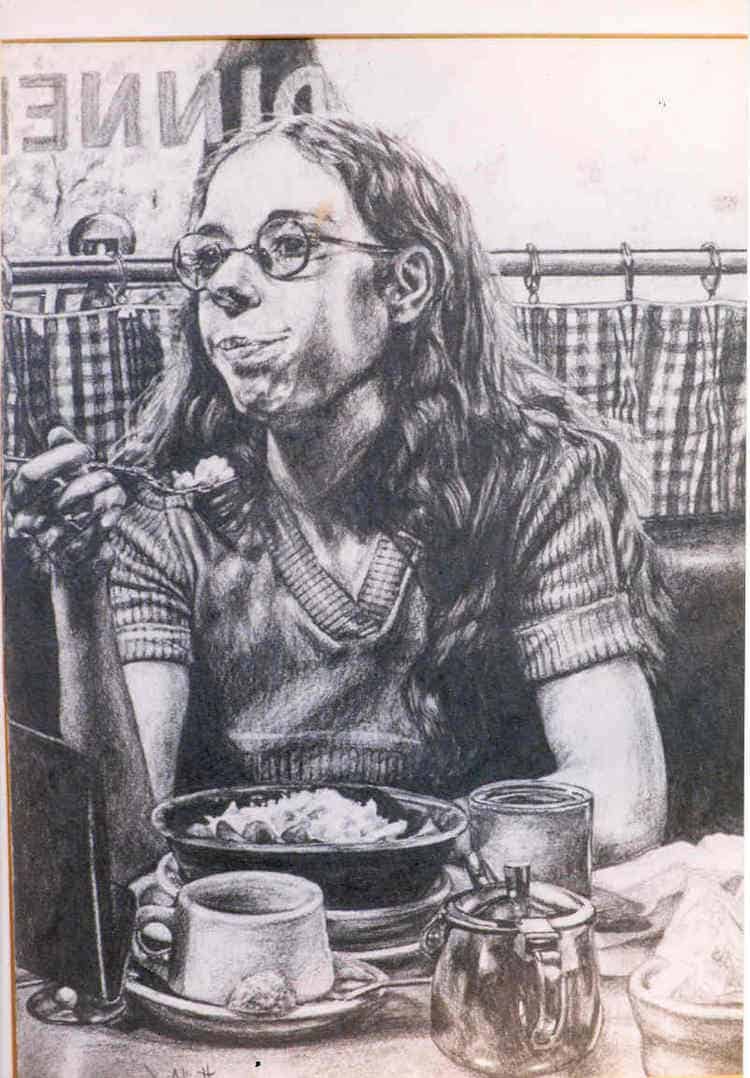 Woman at a diner, in pencil